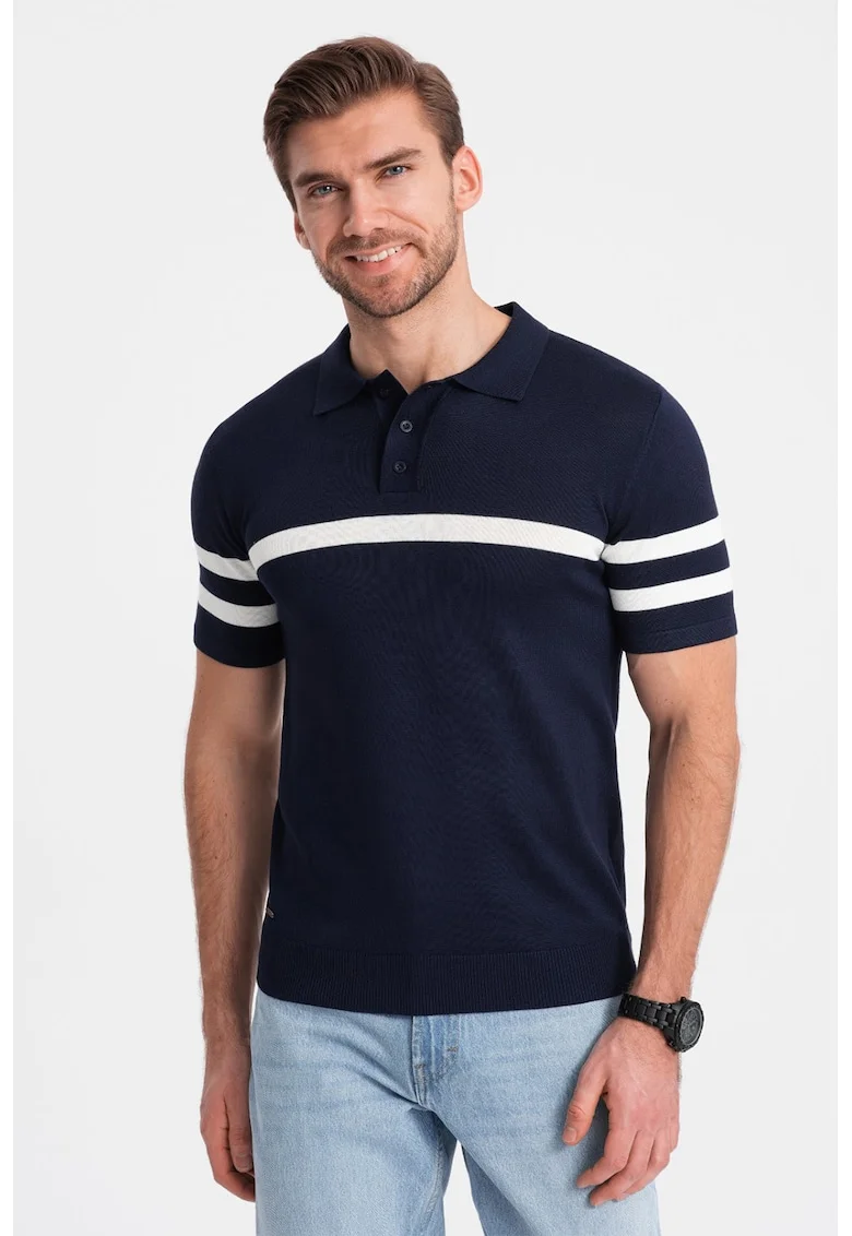 Tricou polo cu dungi contrastante, Bleumarin