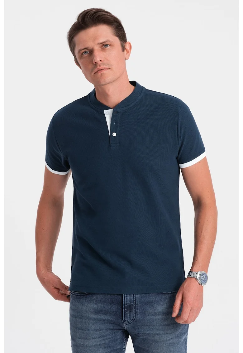 Tricou de bumbac cu fenta cu nasturi, Bleumarin