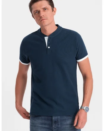 Tricou de bumbac cu fenta cu nasturi, Bleumarin