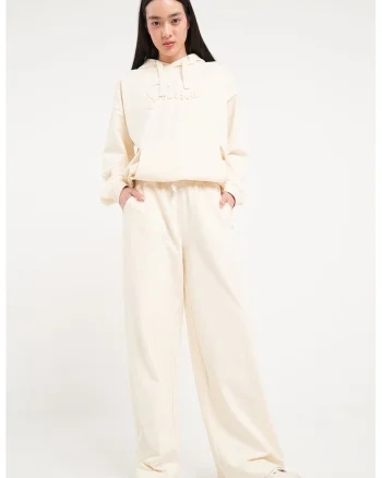 Pantaloni de trening cu croiala ampla si snur, Alb fildes
