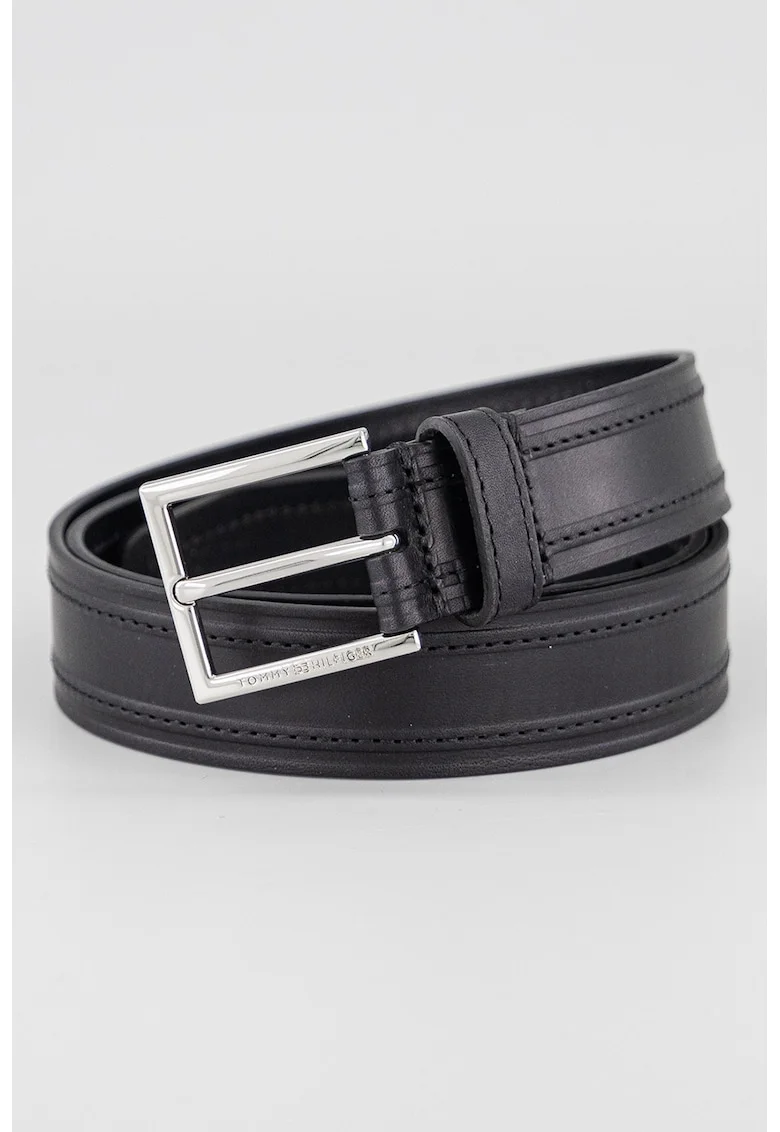 Curea din piele cu model uni, Negru/Negru stins