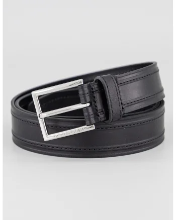 Curea din piele cu model uni, Negru/Negru stins