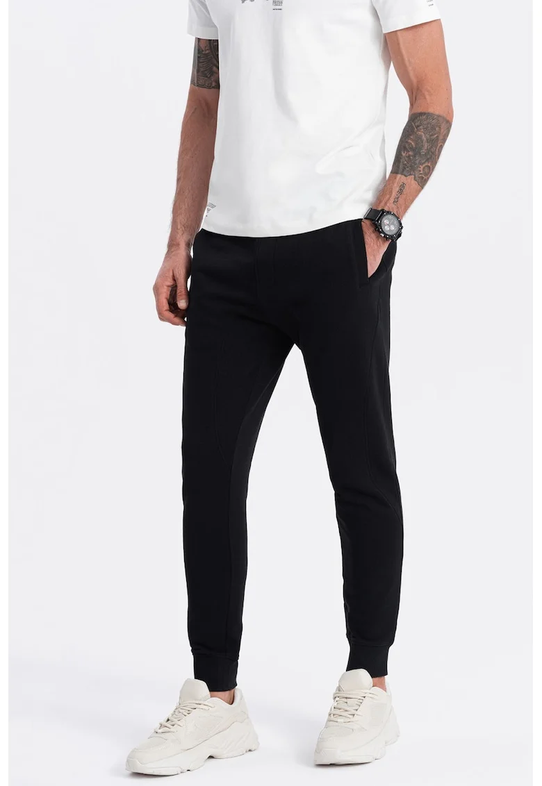 Pantaloni de trening cu croiala conica si snur de ajustare, Negru