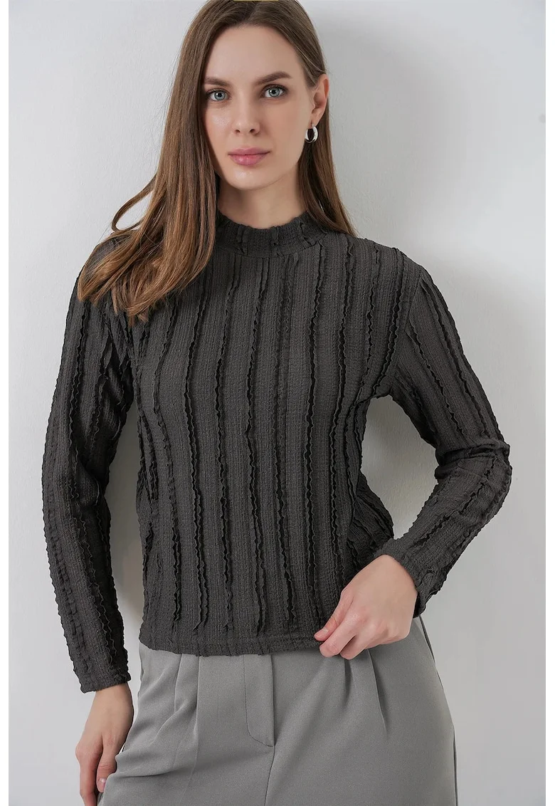 Bluza dama, HiCCUP, Bluza Texturata Slim Fit cu Guler Inalt, Gri Carbune, Jerseu