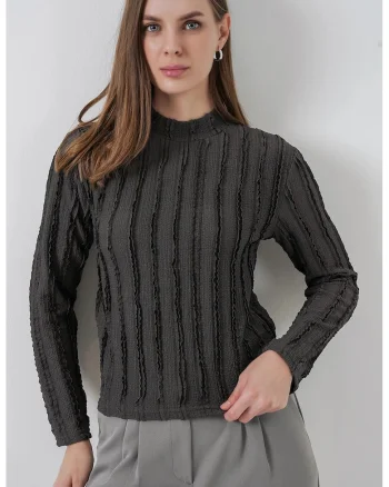 Bluza dama, HiCCUP, Bluza Texturata Slim Fit cu Guler Inalt, Gri Carbune, Jerseu