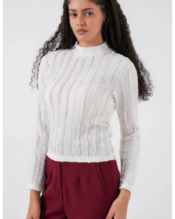 Bluza dama, HiCCUP, Bluza BDART Texturata, Croiala Slim Fit, Alb, Jerseu