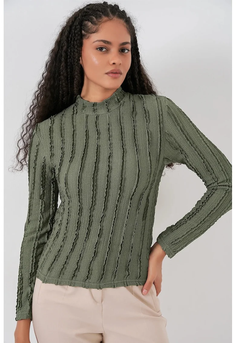 Bluza dama, HiCCUP, Bluza Texturata Slim Fit, Verde Kaki, Jerseu