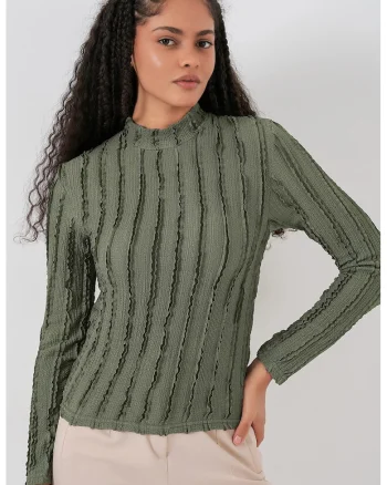 Bluza dama, HiCCUP, Bluza Texturata Slim Fit, Verde Kaki, Jerseu