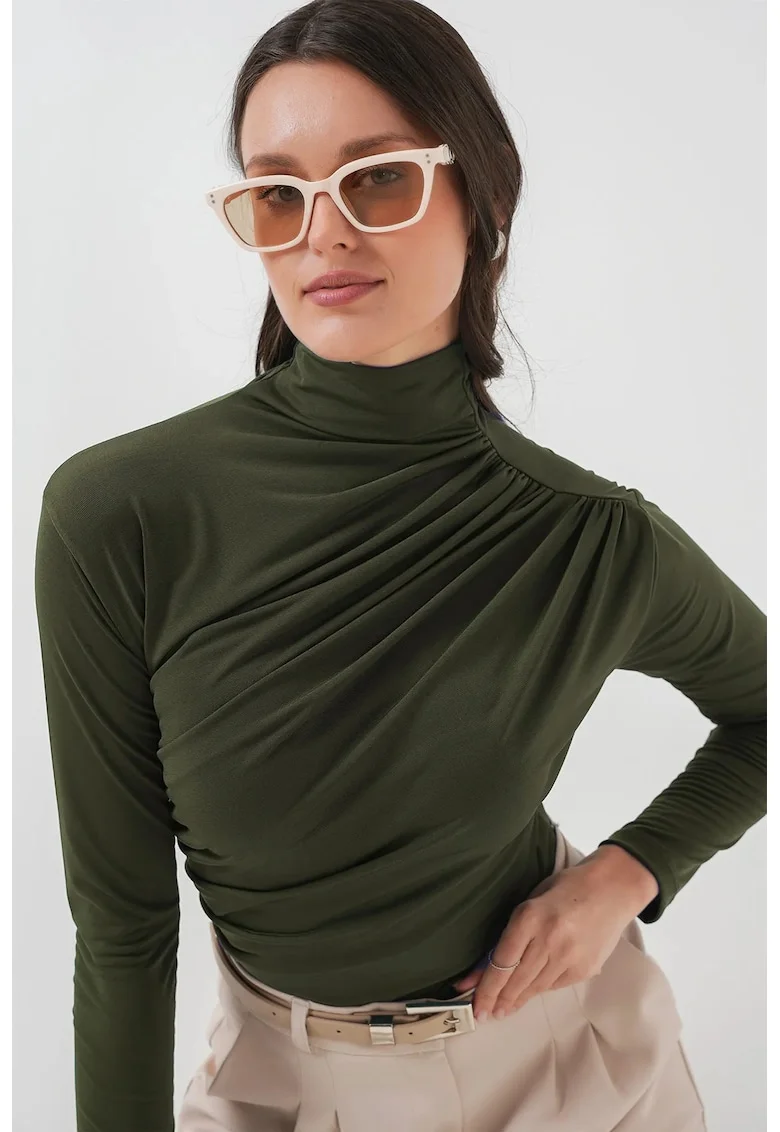 Bluza dama, HiCCUP, mulata cu guler pe gat, drapaj, verde kaki, jerseu