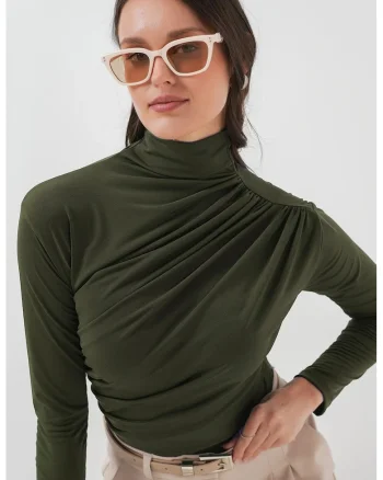 Bluza dama, HiCCUP, mulata cu guler pe gat, drapaj, verde kaki, jerseu