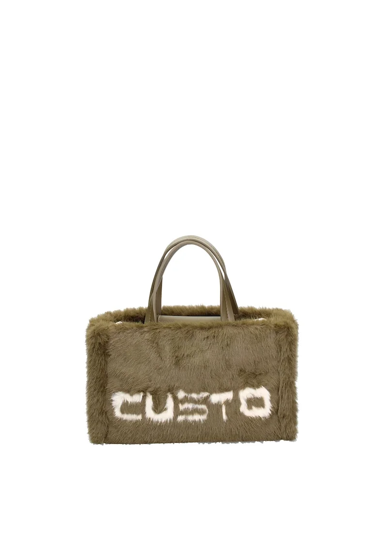 Geanta tote de blana sintetica cu logo, Verde inchis