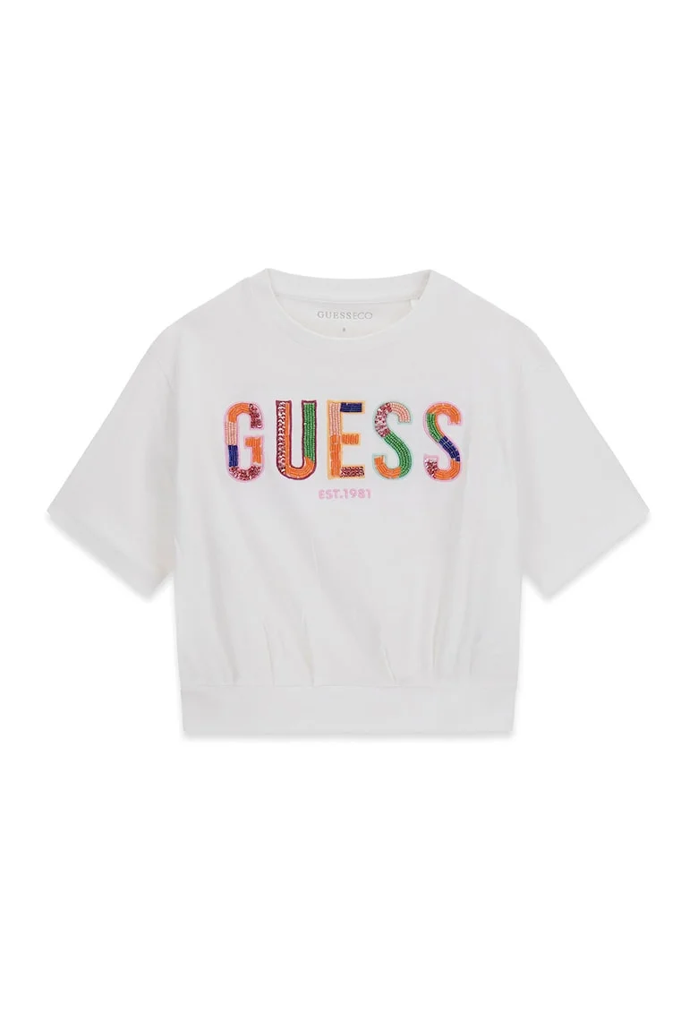 Tricou cu decolteu la baza gatului si imprimeu logo, Alb fildes
