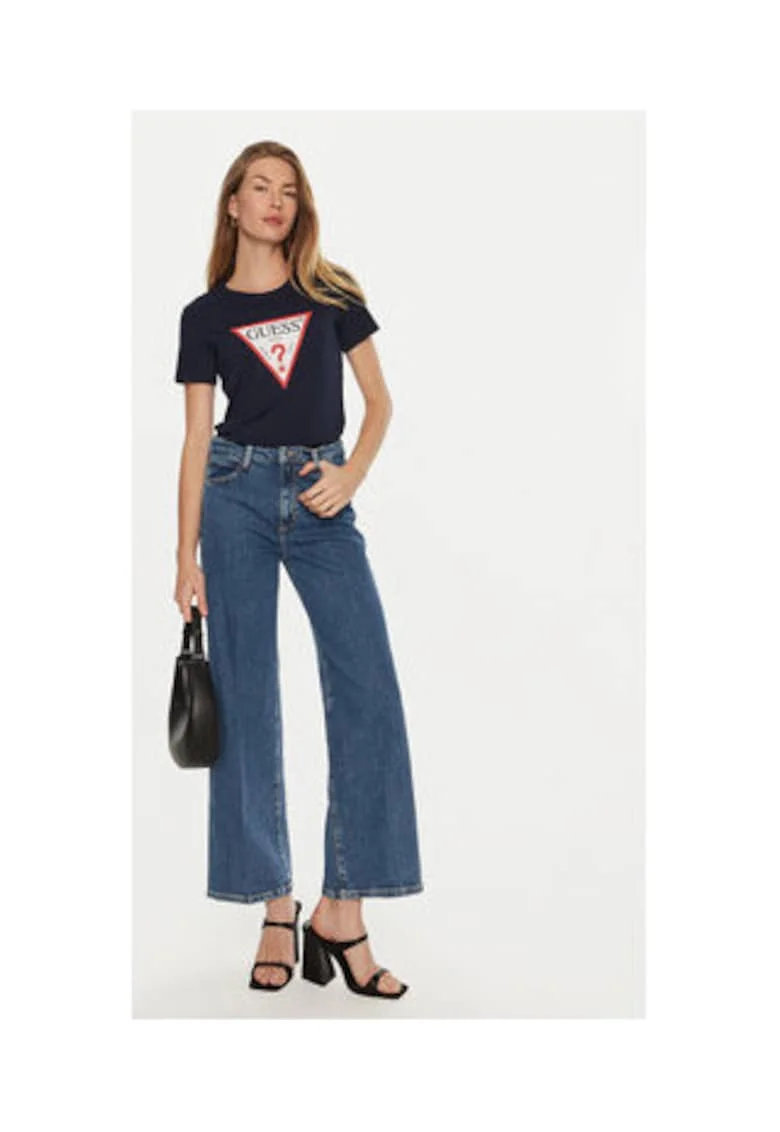 Tricou cu decolteu rotund si-logo, Bleumarin