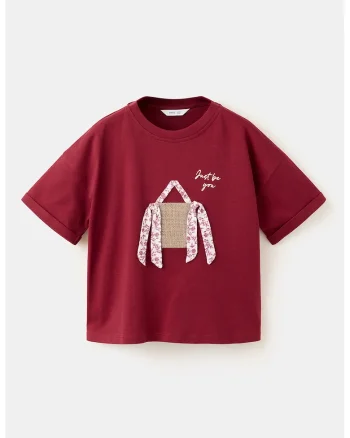 Tricou de bumbac cu model grafic, Rosu inchis/Maro deschis