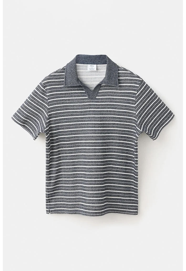 Tricou polo din amestec de bumbac cu dungi, Alb/Bleumarin