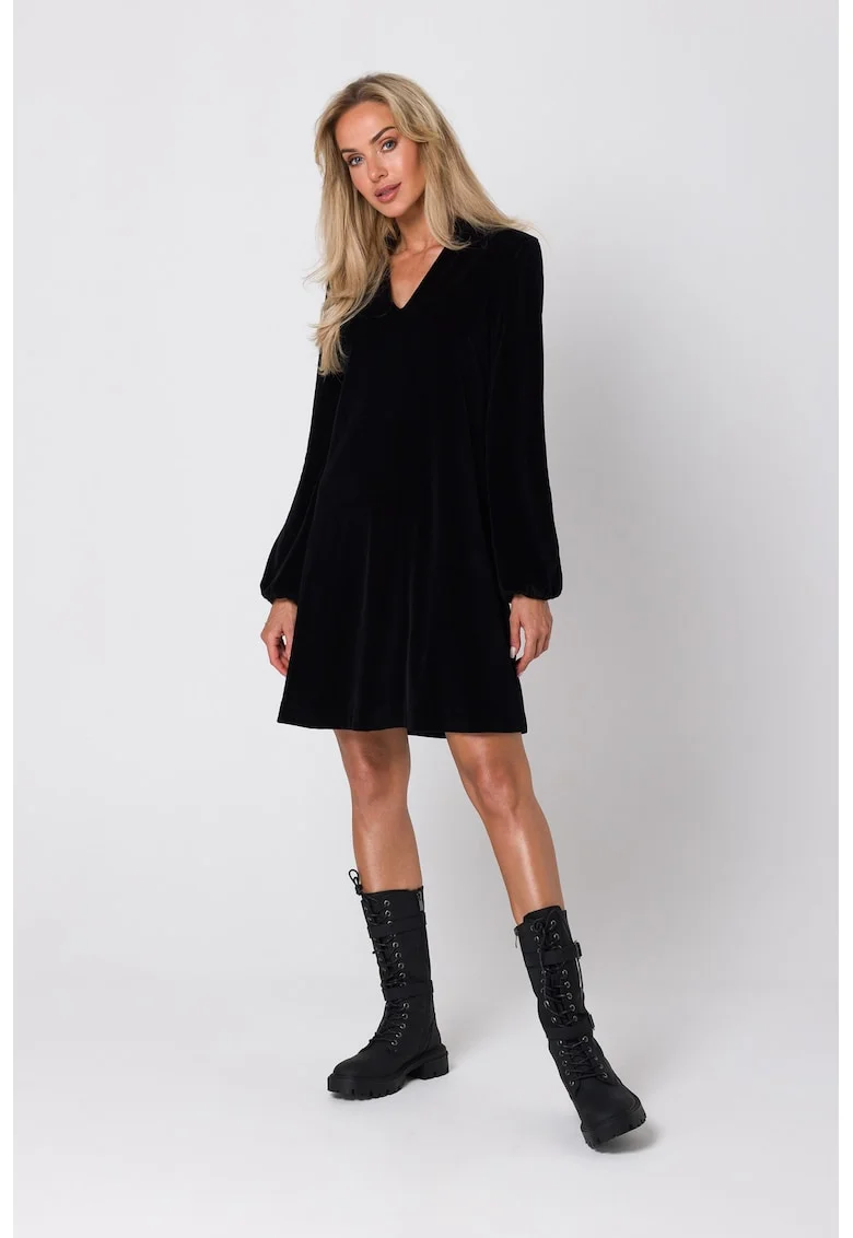 Rochie din velur cu decolteu in V,