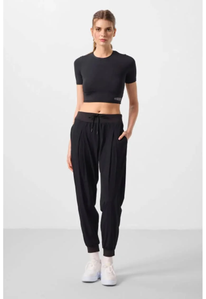 Pantaloni sport,  jogging, talie medie, buzunar, negru, poliester cu elastan