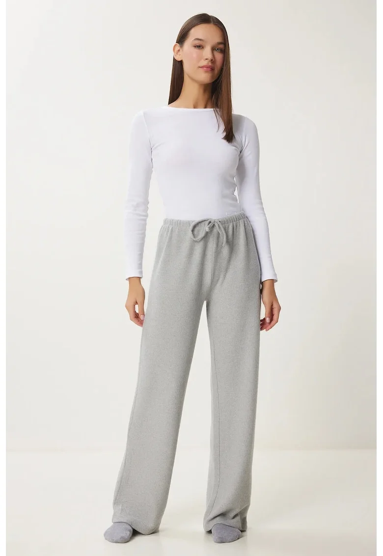 Pantaloni dama, Happiness Istanbul, trening, picior larg, gri deschis, elastic, poliester-viscoza-elastan,