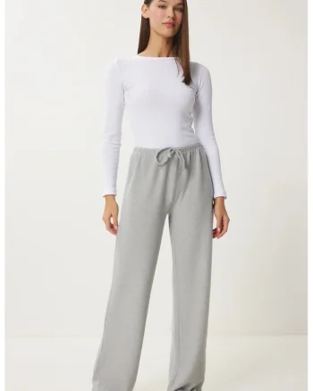 Pantaloni dama, Happiness Istanbul, trening, picior larg, gri deschis, elastic, poliester-viscoza-elastan,