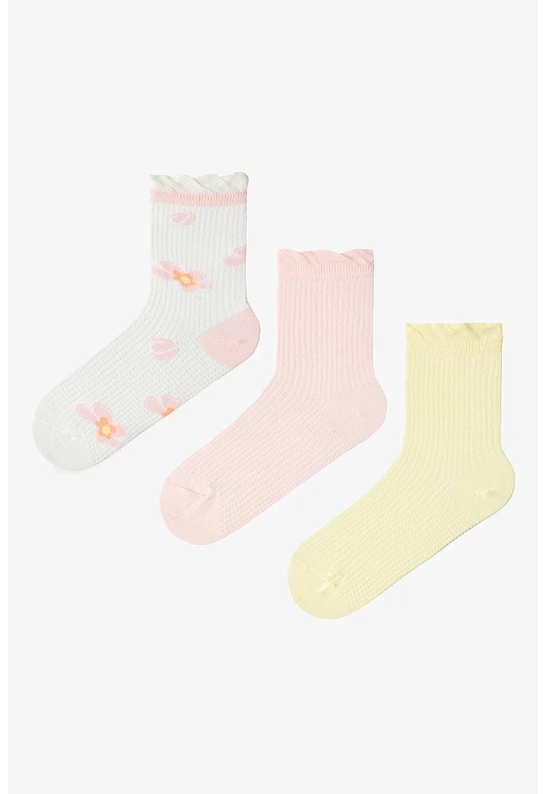 Set de 3 perechi de sosete striate cu terminatie valurita, Ecru/Galben pastel/Nude rose