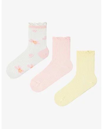 Set de 3 perechi de sosete striate cu terminatie valurita, Ecru/Galben pastel/Nude rose