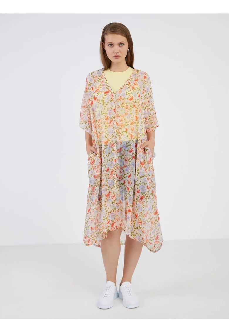 Caftan cu imprimeu floral si decolteu in V