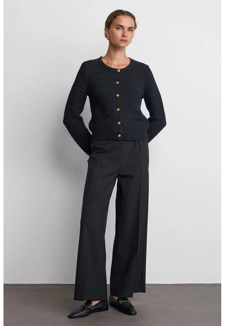 Pantaloni dama,  Wide-Leg, detalii cu snur, gri antracit, crep