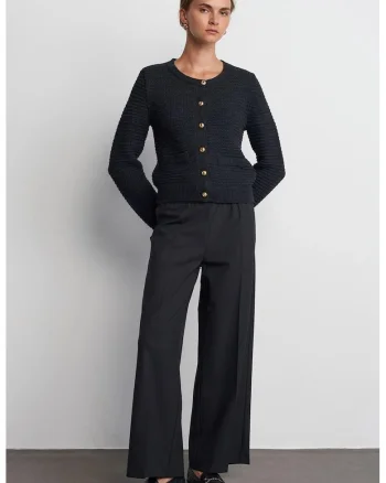 Pantaloni dama,  Wide-Leg, detalii cu snur, gri antracit, crep