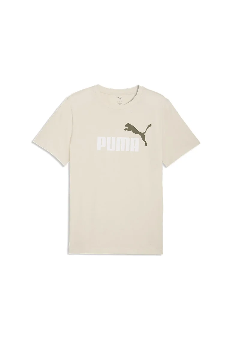 Tricou cu decolteu la baza gatului si imprimeu logo Essentials 2, Alb/Kaki inchis/Bej deschis