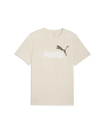 Tricou cu decolteu la baza gatului si imprimeu logo Essentials 2, Alb/Kaki inchis/Bej deschis