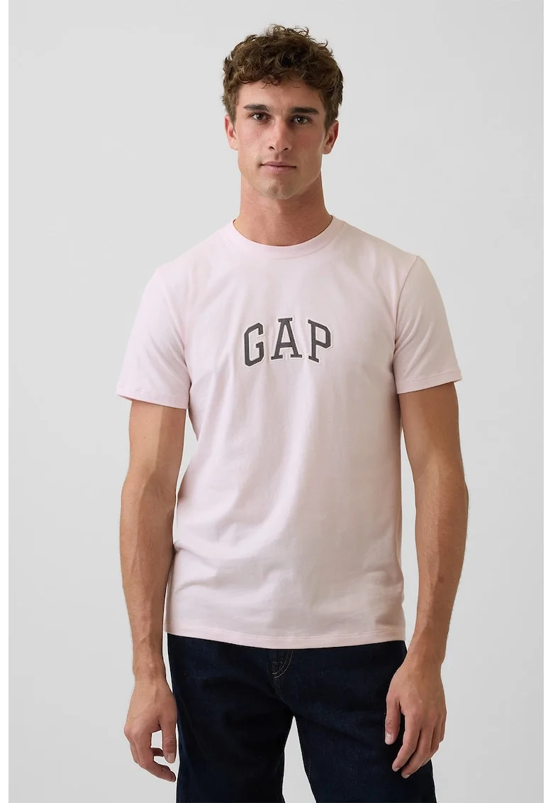 Tricou de bumbac cu aplicatie logo, Roz pastel