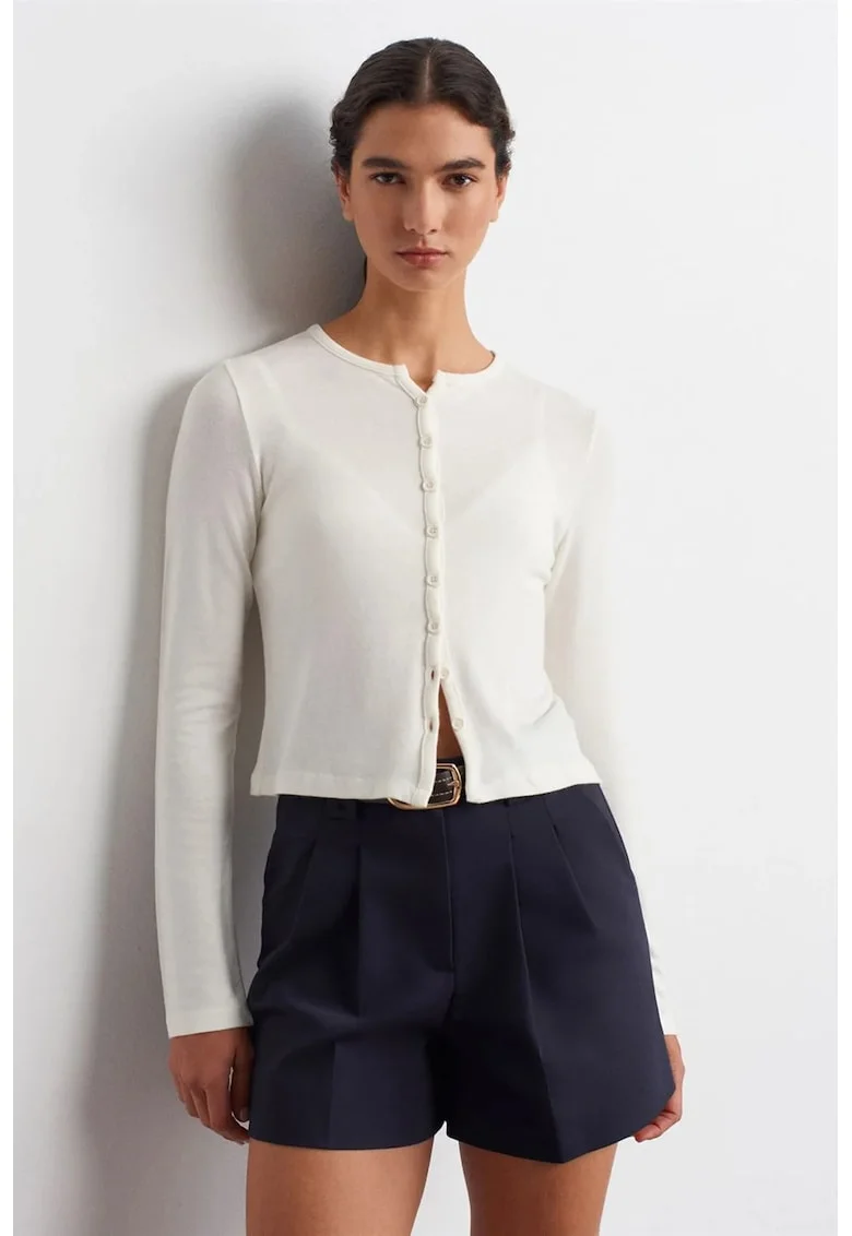 Cardigan femei, alb prafuit, tricot maneci lungi, inchidere cu nasturi, Alb
