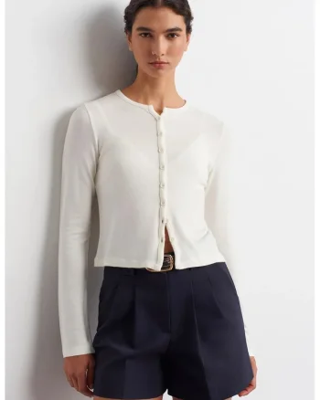 Cardigan femei, alb prafuit, tricot maneci lungi, inchidere cu nasturi, Alb