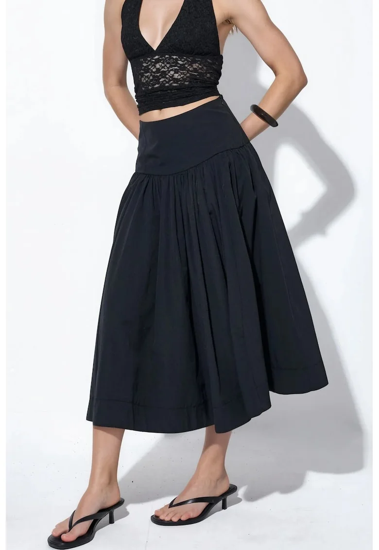 Fusta midi  casual, neagra, bumbac/poliester,