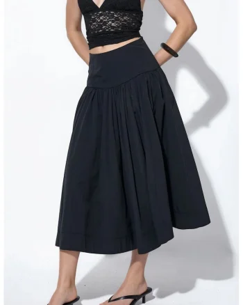 Fusta midi  casual, neagra, bumbac/poliester,