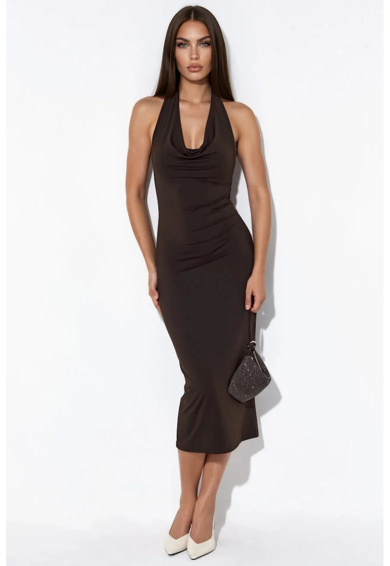 Rochie maxi  neagra, jerseu de lycra, fara maneci, decolteu halter, detalii drapaj,