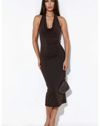 Rochie maxi  neagra, jerseu de lycra, fara maneci, decolteu halter, detalii drapaj,