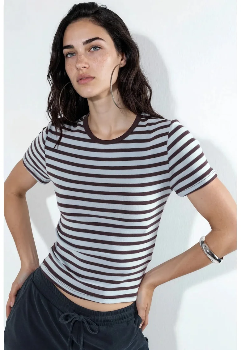 Tricouri dama,  tricou cu dungi, maneca scurta, multicolor, bumbac,