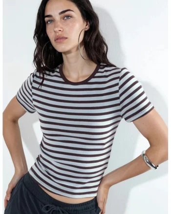 Tricouri dama,  tricou cu dungi, maneca scurta, multicolor, bumbac,