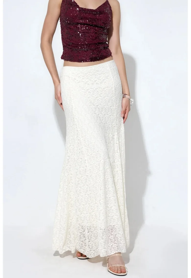 Fusta maxi,  talie inalta, croiala in A, ivory, poliamida/elastan,