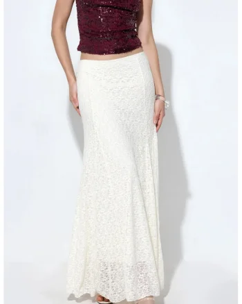 Fusta maxi,  talie inalta, croiala in A, ivory, poliamida/elastan,