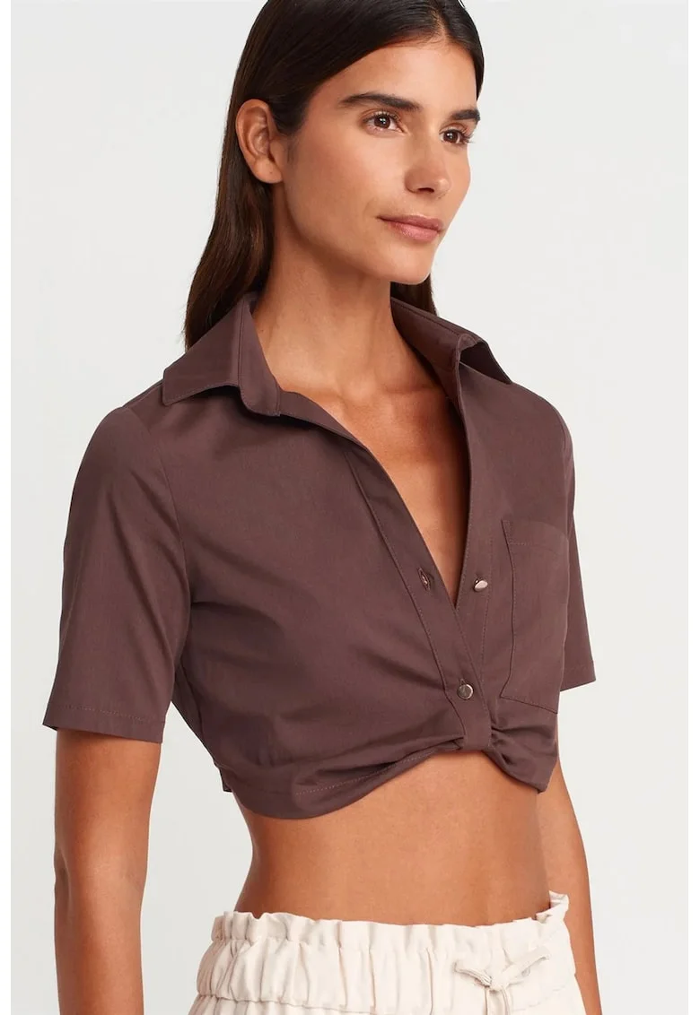 Camasi dama,  camasa scurta, casual, maro mocha inchis, 70% bumbac, 26% nailon, 4% elastan,