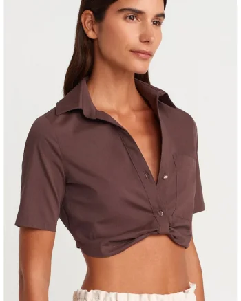 Camasi dama,  camasa scurta, casual, maro mocha inchis, 70% bumbac, 26% nailon, 4% elastan,