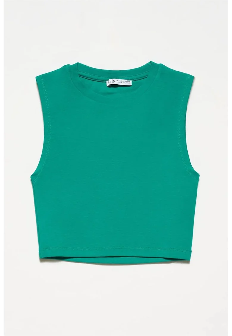 Top scurt fara maneci,  bumbac cu elastan, verde smarald, casual,