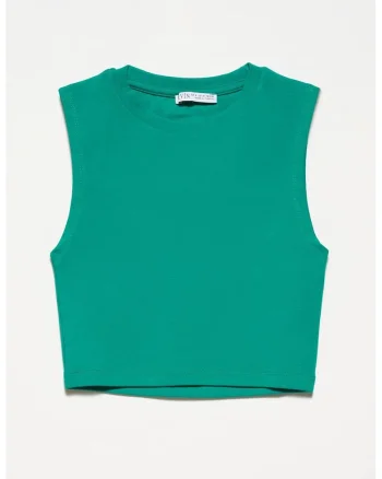 Top scurt fara maneci,  bumbac cu elastan, verde smarald, casual,