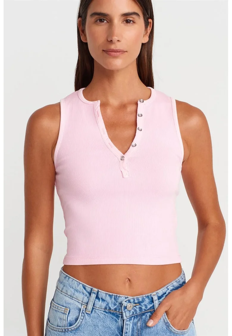 Bluze dama,  crop top reiat, roz pudra, bumbac-elastan, fara maneci,