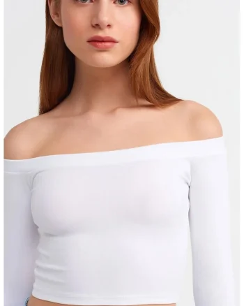 Bluza crop dama  alb, bumbac cu elastan, decolteu off-shoulder, maneci trei sferturi,