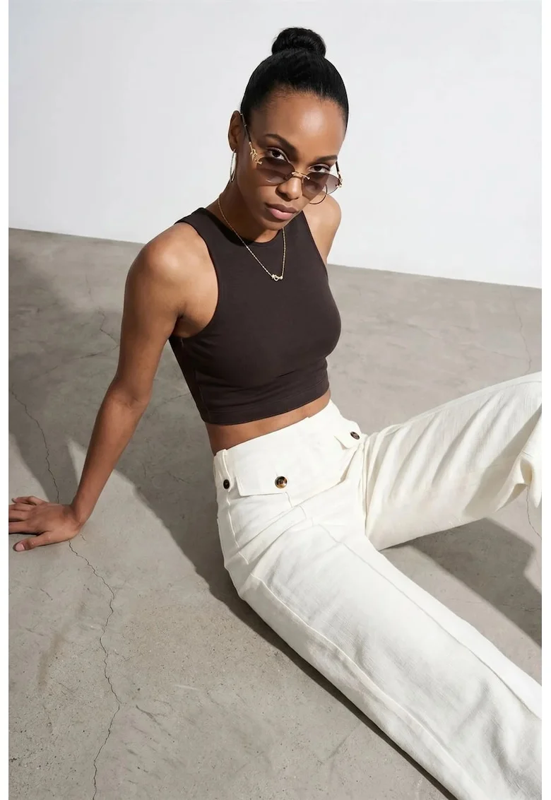 Bluza dama,  crop, fara maneci, maron, tricotata,