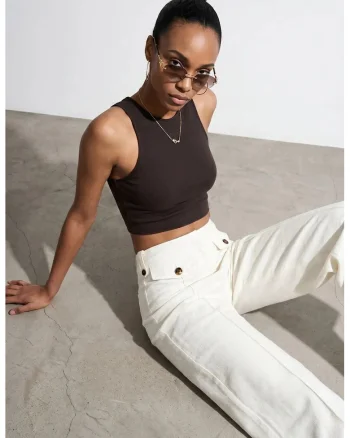 Bluza dama,  crop, fara maneci, maron, tricotata,