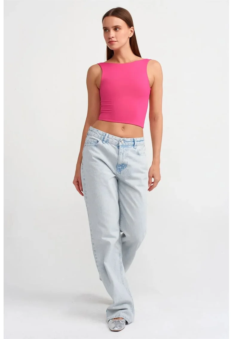 Bluza crop  fara maneci, decupaj, roz aprins, nailon si elastan,